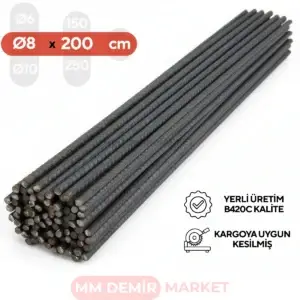 2 Metre - 8 mm İnşaat Demiri | Nervürlü Demir Çubuk
